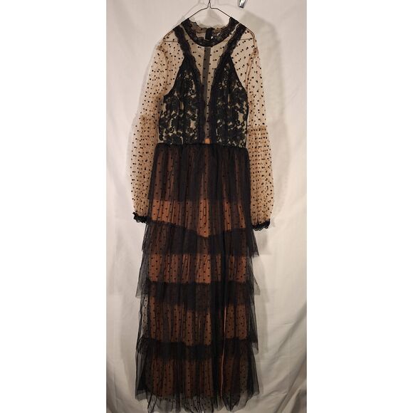 Giffniseti Womens Polka Dot Mesh Sheer Lace Black Nude L/S Maxi Dress Size Large - Picture 1 of 5